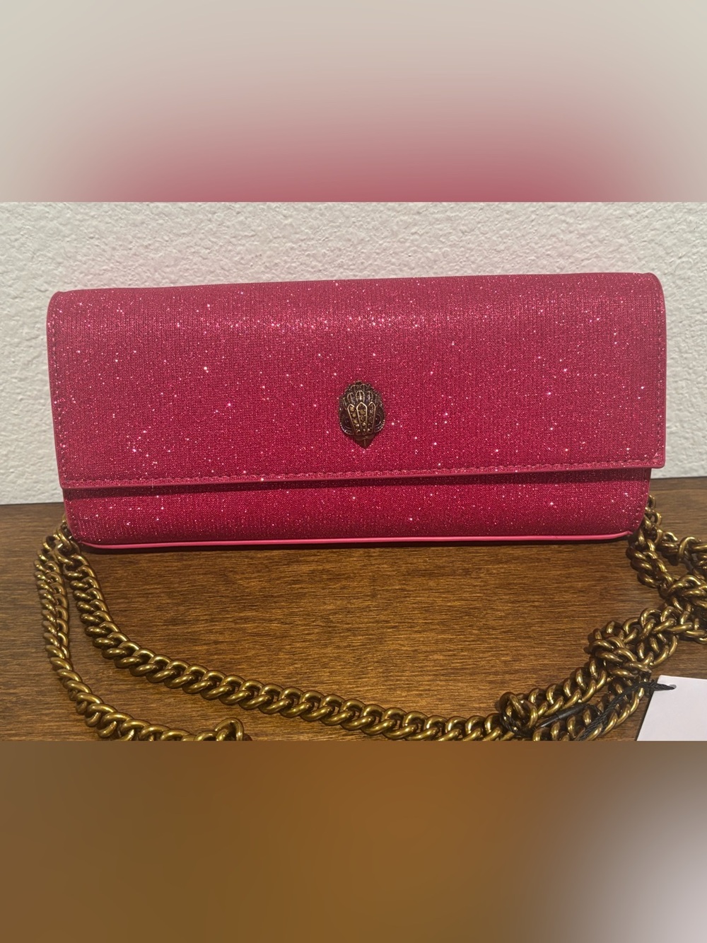 Kurt Geiger Sparkling Hot Pink Crossbody with Gold Chain - Picture 2 of 12